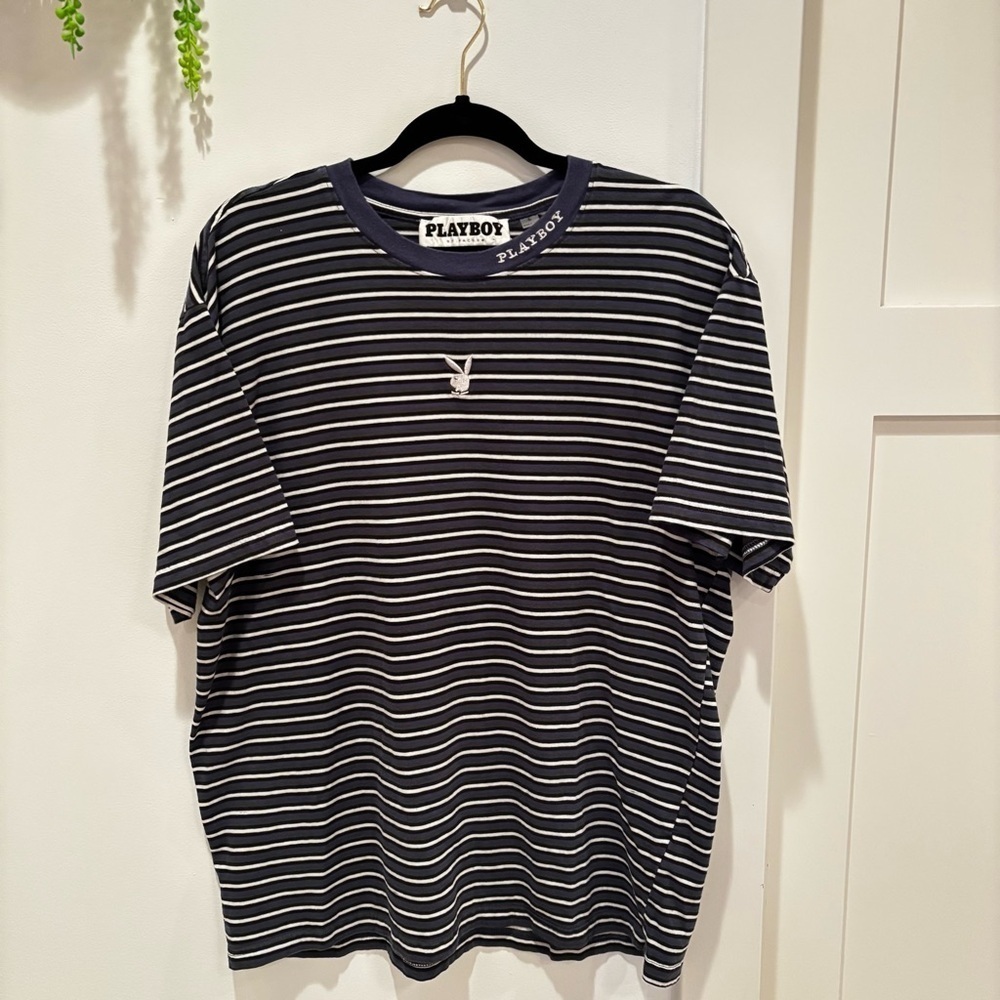 Playboy by Pacsun Metallic Bunny Men's Striped Crewneck T-shirt 100% cotton L